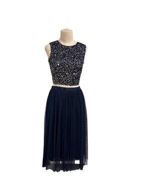 Occasion By Dex Navy Blue Sequin Crop Top Tulle Midi Skirt Two-Piece Set Size S